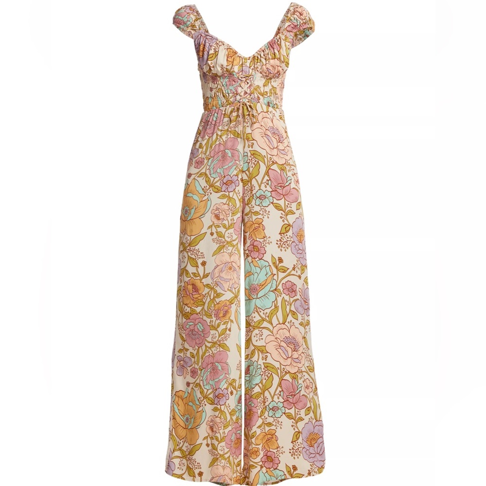 NEW FREE PEOPLE Rolling Hills Floral Wide-Leg Jumpsuit Smocked Bodice Size L